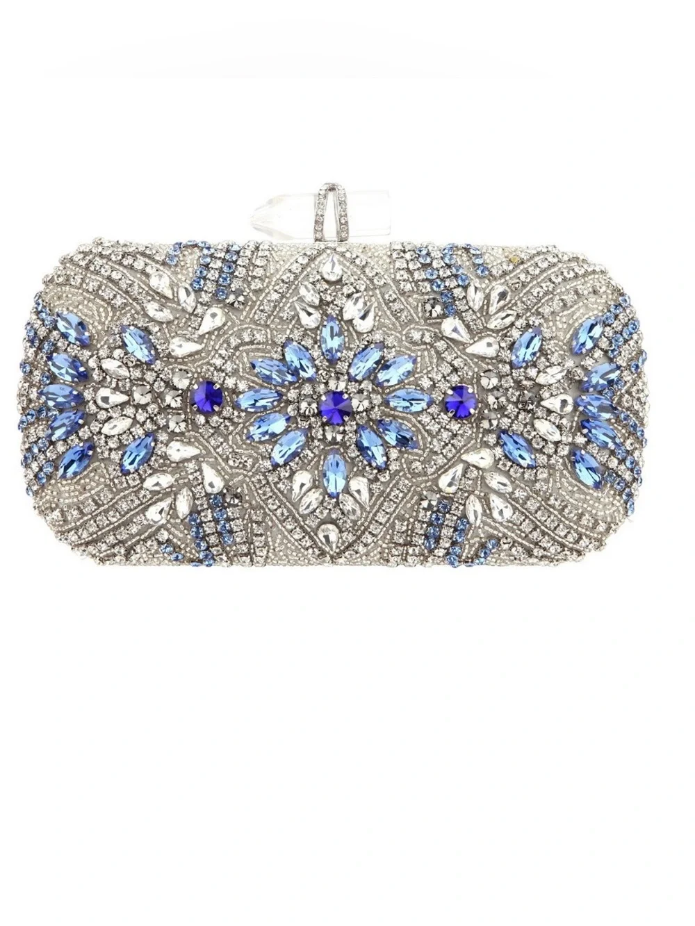 Nina - Silver Crystal Evening Clutch with Blue Gem Accents